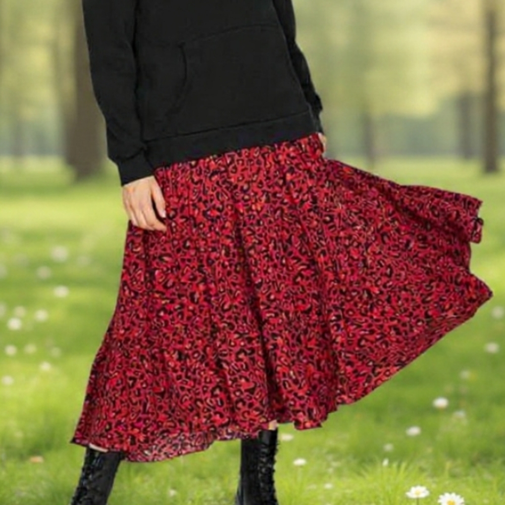 SP❤️MICHAEL Michael Kors Pleated Leopard Animal Print Red$Black Skirt